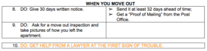 Move out checklist table with instructions