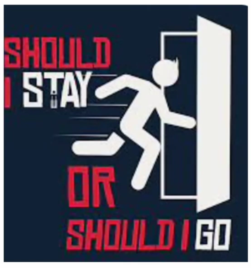 Should I stay or Should I go - white stick figure man running out an open door
