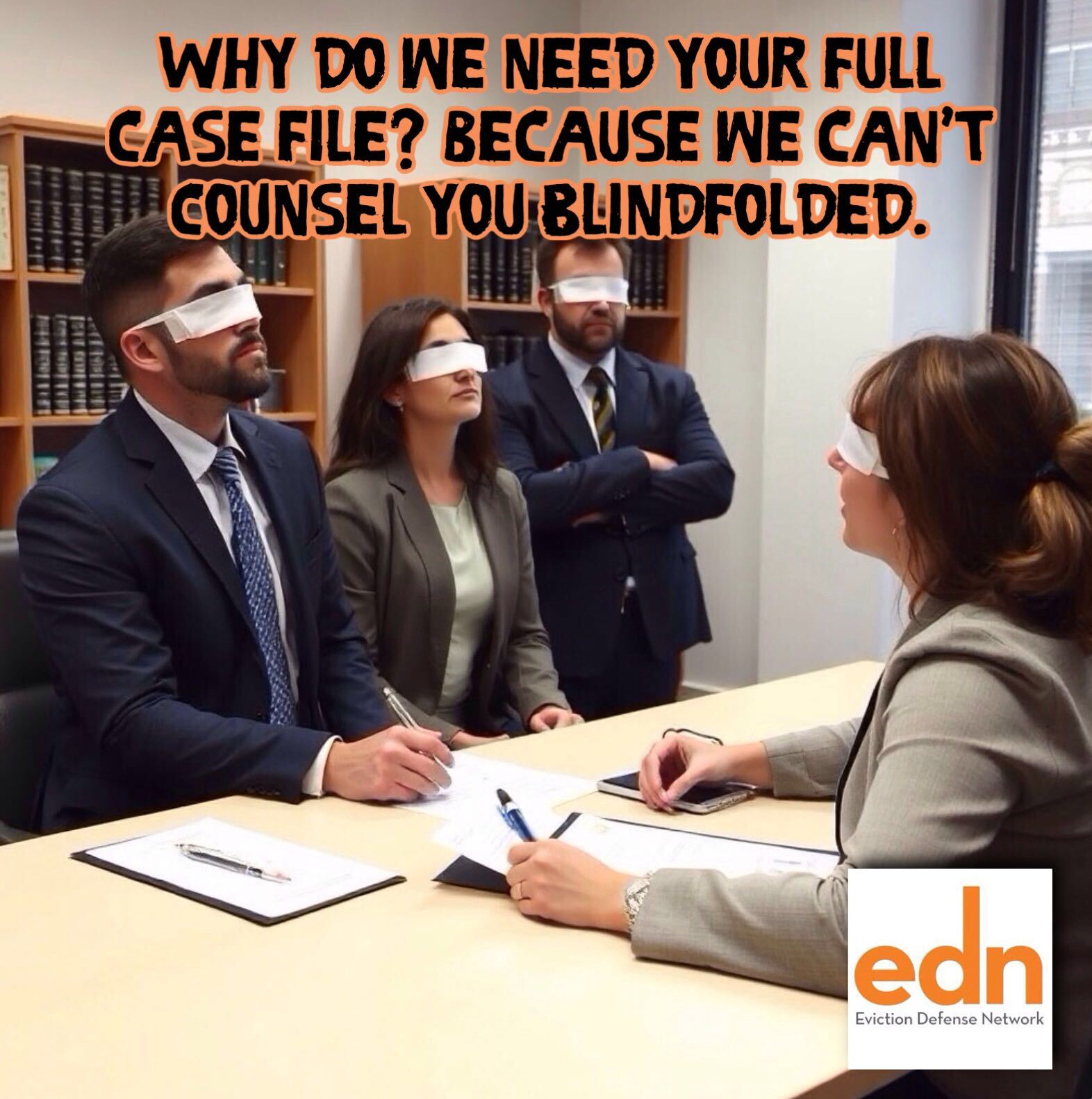 Full Case File needed Image of attorneys with blindfolds on.